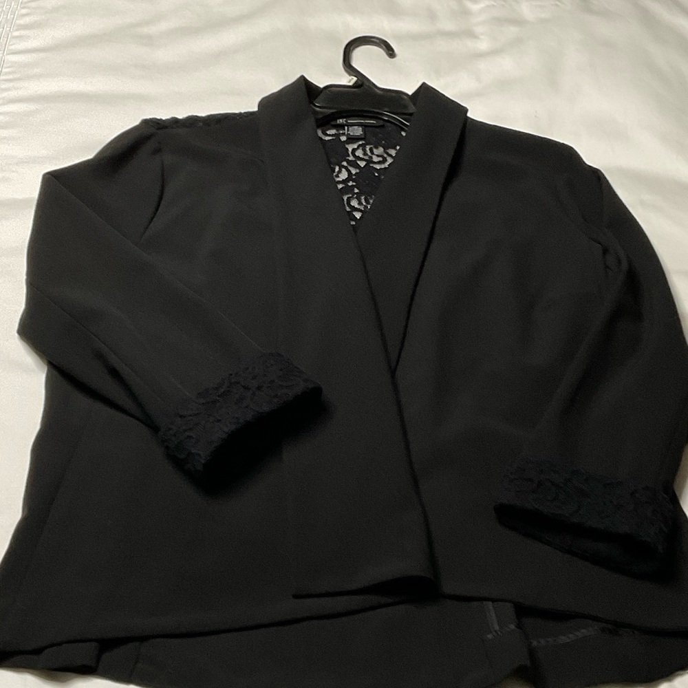 INC International Concepts Black Cropped Blazer with Lace Accents